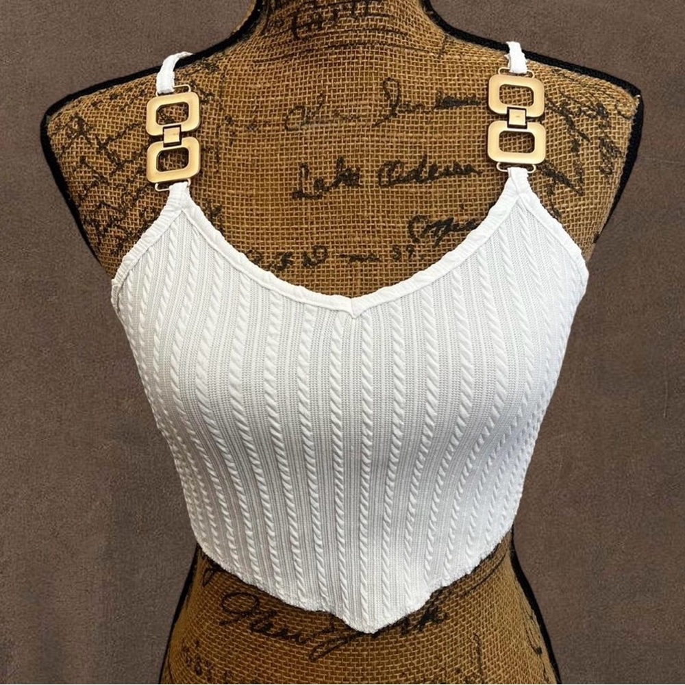 White Knit Women Top with Gold Hardware - Picture 1 of 5